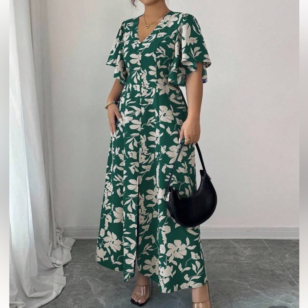 Shein Green & Cream Floral Dress Size 3X - Picture 4 of 11